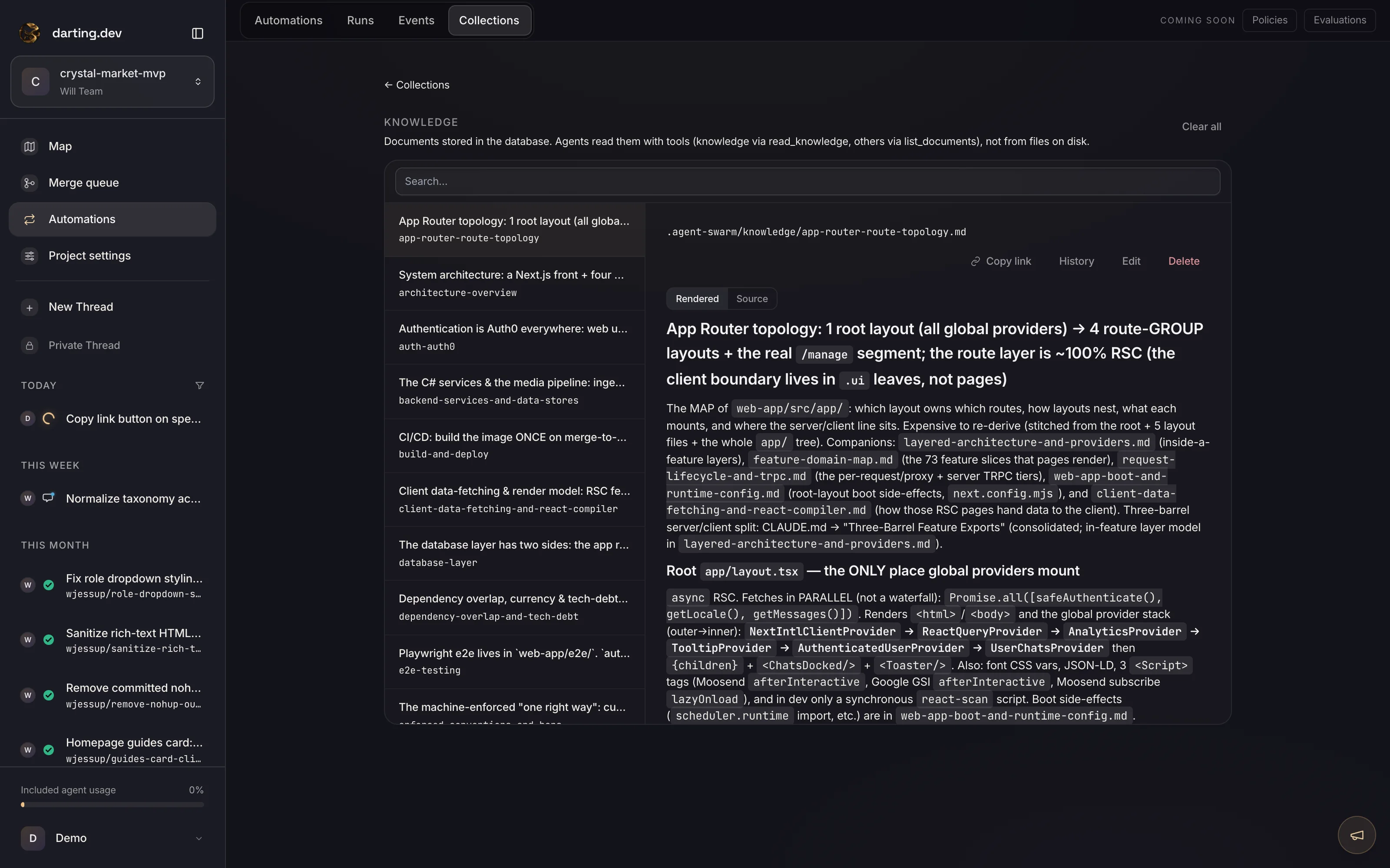 The knowledge collection browser: 32 structured documents covering app router topology, system architecture, auth, CI/CD, and the database layer